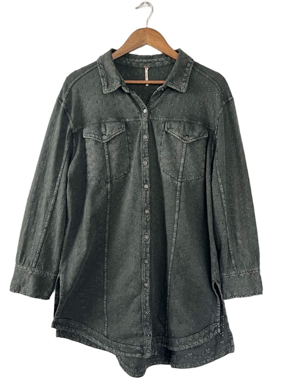 Free People Army Green Eyelet Tunic Top Button Up Boho Size L - Picture 5 of 14